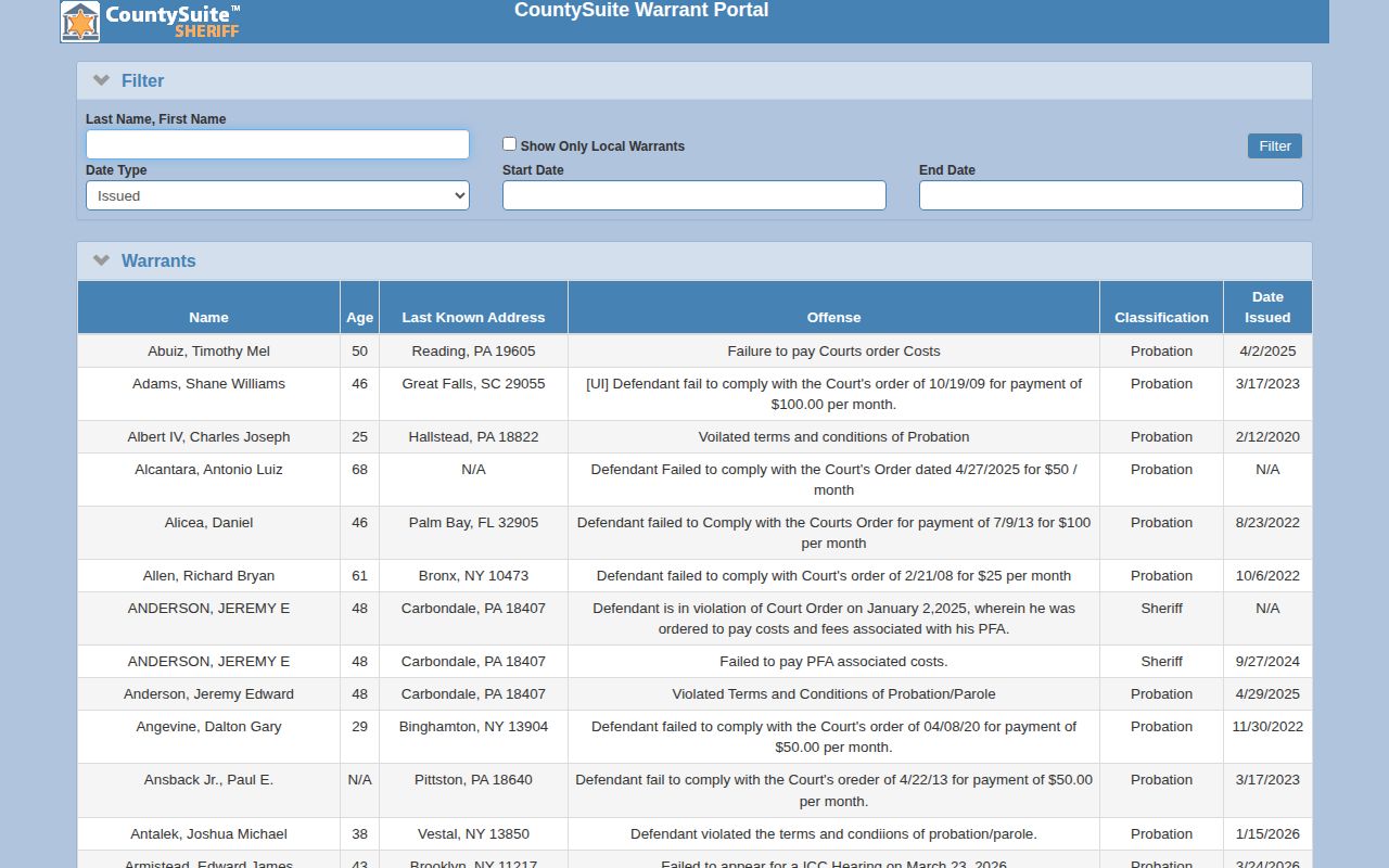 Susquehanna County official warrant record portal