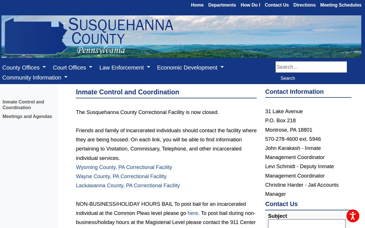 Susquehanna County custody record source showing inmate control information
