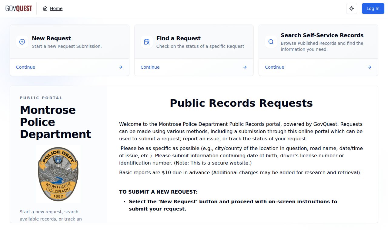 Screenshot of the Montrose Police public records request portal