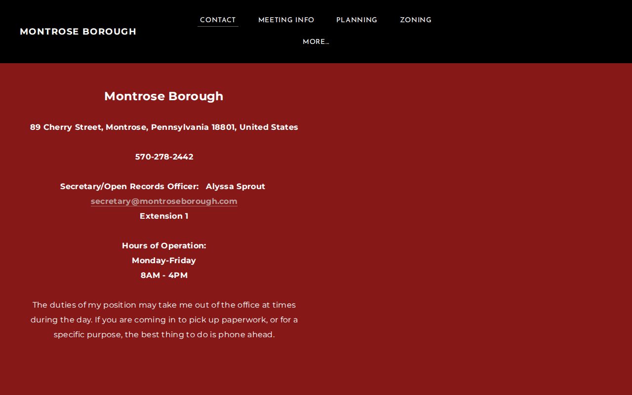 Screenshot of the Montrose Borough contact page with municipal contact information