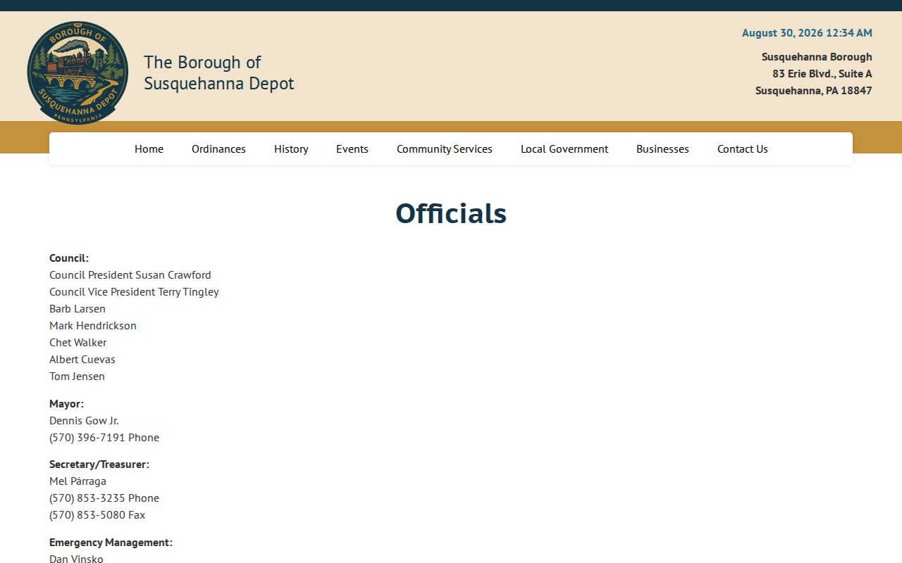 Susquehanna Depot borough officials page for arrest record agency verification